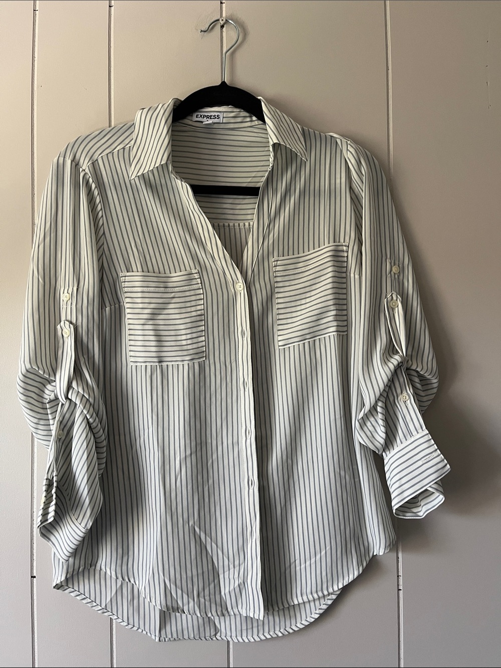 Express Vertical Stripe Roll-Sleeve Shirt in White and Black